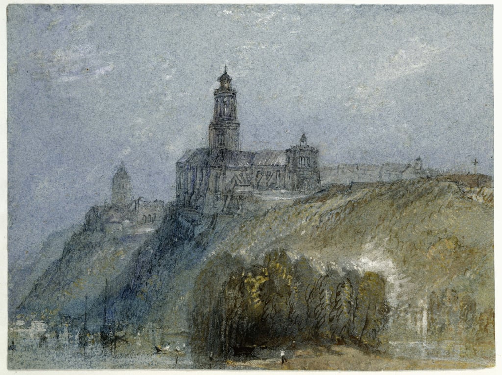 サンフローレントルヴィエイユ、c。 182630（ペンで描いた水彩画とボディカラー、青い紙に黒と茶色のインク）